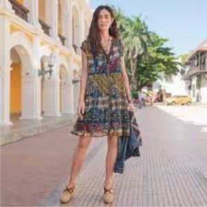 Sundance Trephina boho mixed print dress with solid slip underneath L